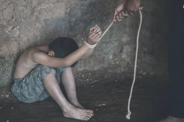 Boy Tied Corner Abandoned House Stop Violence Children Trafficking — Stock Photo, Image