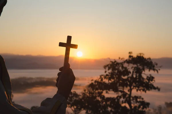 Silhouette Christian Man Holding Cross Cross Hands Praying Blessing God — Stock Photo, Image