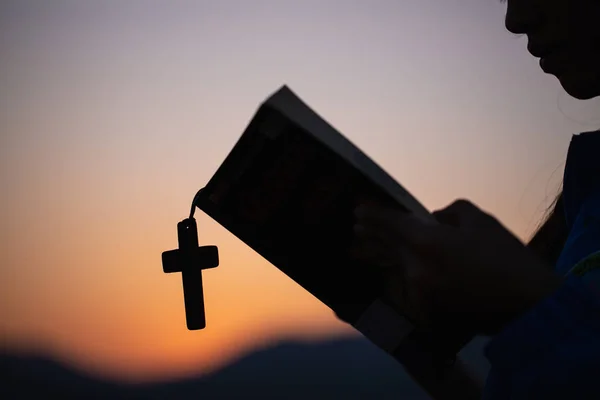 Kadın dua Tanrı İncil ve sabah çapraz ile el — Stok fotoğraf