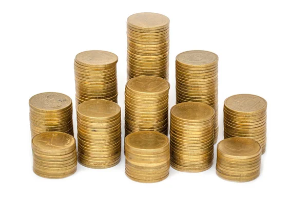 Gouden munten stapels geïsoleerd op witte achtergrond. Sparen, munt sta — Stockfoto