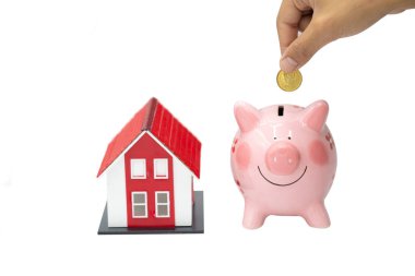 el satın alma düşünme pembe bir kumbara içine bir sikke koyarak 