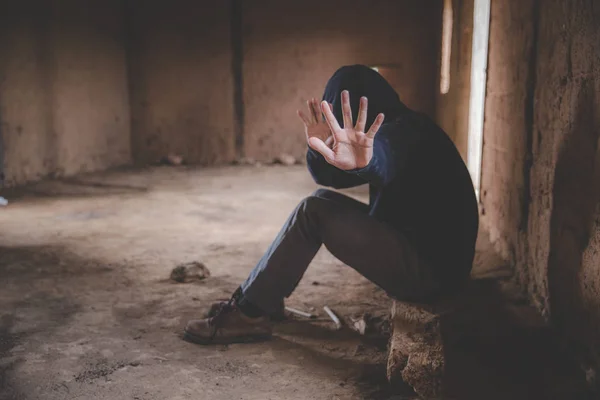 Human hands on dark background, Stop drug addiction concept, Do — Stock Photo, Image