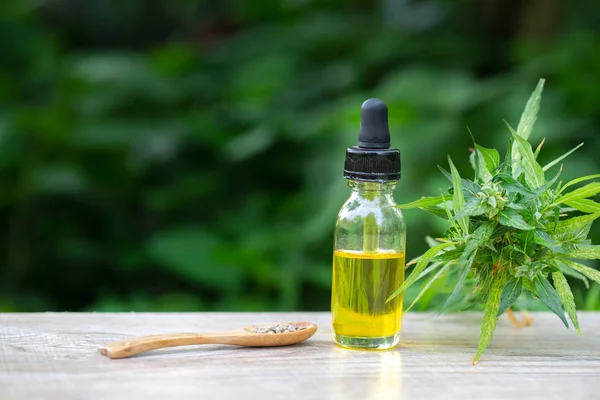CBD olie cannabisextract, hennepolie flessen en hennep bloemen op een — Stockfoto