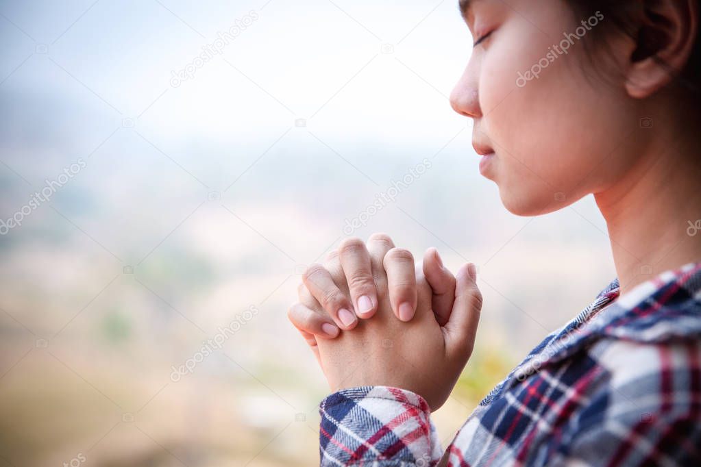 Christian woman  hands praying to god with morning,  Woman Pray 