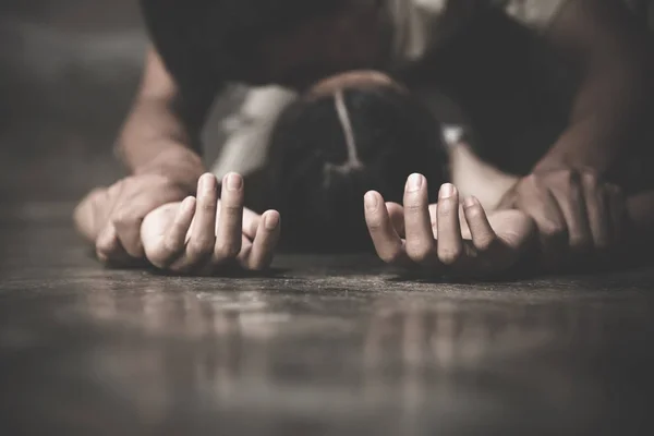 Close up of man hands holding a woman hands for rape and sexual — Stock Photo, Image