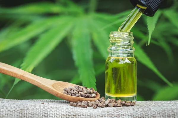 Cbd-Öl Hanfprodukte in einem Glas und Hanfsamen. — Stockfoto