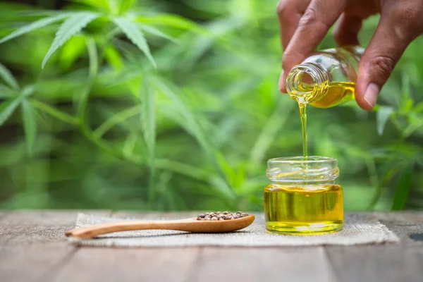 Pouring hemp oil into glass Jar and hemp seeds in a wooden spoon — Stock Photo, Image