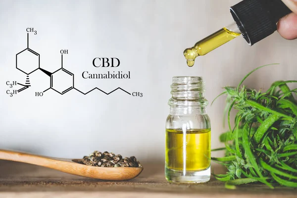 Hennepolie, CBD chemische formule, cannabis olie in pipet en zoom — Stockfoto