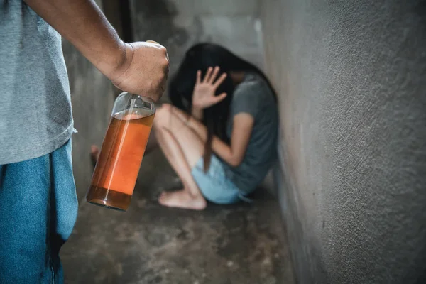 Drunken Man Assaulted Woman Sitting Dark Room Woman Victim Domestic — Stock Photo, Image