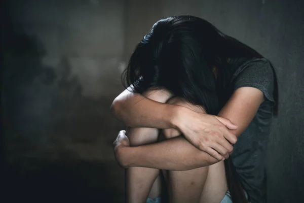 Young Depressed Woman Domestic Rape Violence Beaten Raped Sitting Corner — Stock Photo, Image