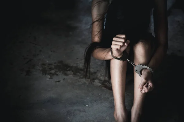 Victim Locked Handcuffs Human Trafficking Concept Stop Violence Women Women — Stock Photo, Image