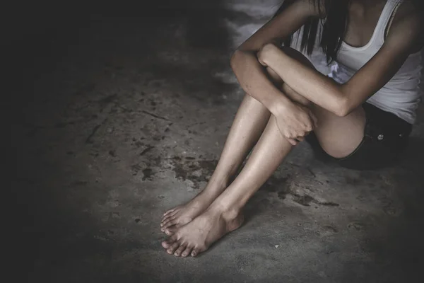 Young Depressed Woman Domestic Rape Violence Beaten Raped Sitting Corner — Stock Photo, Image