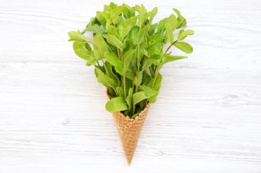 Üstten görünüm, dondurma külahı Beyaz ahşap zemin üzerine nane ile. En az yaz konsepti.