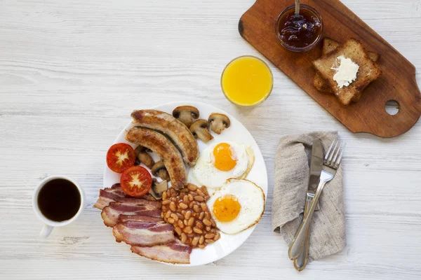 Café Manhã Inglês Completo Com Ovos Fritos Feijão Bacon Salsichas — Fotografia de Stock