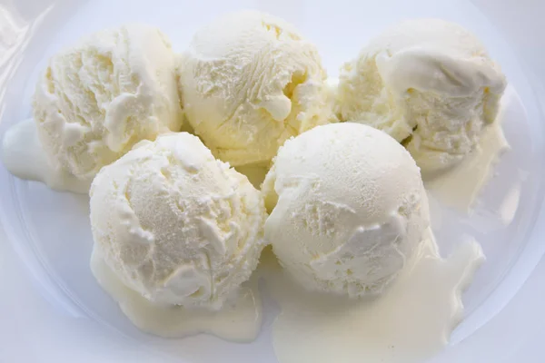 Set Ice Cream Scoops White Plate Closeup — Stock Photo, Image