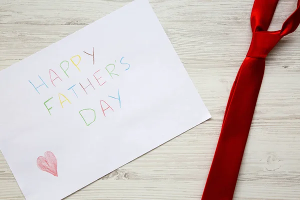 Happy Father Day Inscription Red Tie White Wooden Background — стоковое фото