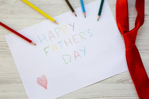 Happy Father Day Inscription Red Tie Color Pencils White Wooden — стоковое фото