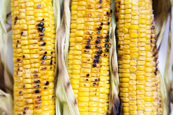 Izgarada mısır koçanı beyaz tabakta üstten görünüm. Portre.