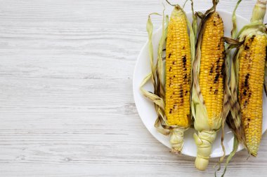 Beyaz tabakta üstten görünüm üzerinde ızgara Mısır. Düz-lay, genel gider. Kopya alanı.