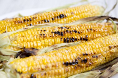 Beyaz tabakta yan görünüm üzerinde ızgara Mısır. Yakın çekim.