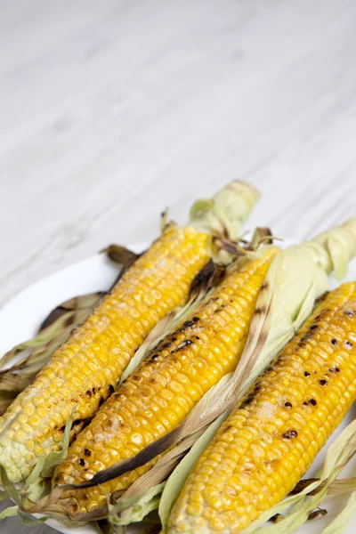 Grilled Corn Cob White Plate Side View Closeup Copy Space — Stock Photo, Image