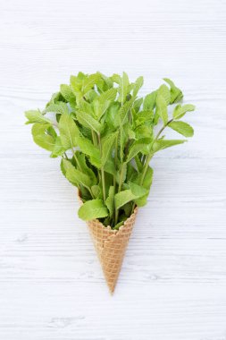 Gözleme tatlı dondurma koni ile nane Beyaz ahşap yüzey, en iyi görünüm üzerinde. Yukarıdan.