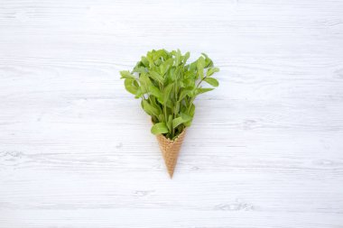 Beyaz ahşap masa, üstten görünüm nane ile gözleme tatlı dondurma külahı. Düz-lay, genel gider, yukarıdan.