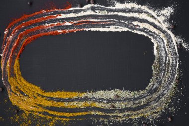 Siyah bir arka plan, üstten görünüm çeşitli baharat çerçeve yaptı. Kopya alanı.