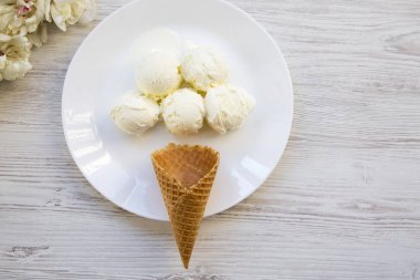 Tatlı dondurma külahı dondurma ile beyaz bir plaka üzerinde yukarıdan kaşık toz. Kopya alanı.