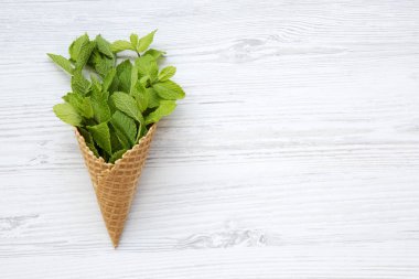 Tatlı koni nane yaprakları ile beyaz ahşap yüzey üzerinde gözleme, yukarıdan görüntüleyin. Düz lay, ek yükü. Üstten görünüm. Yaz arka plan. Boşluk ve metin alanı Kopyala.