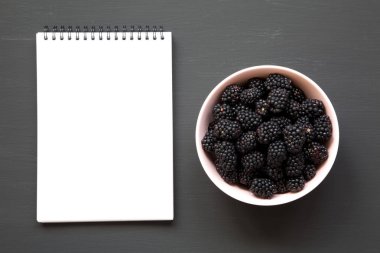 Not etmek üstünde siyah tablo, üstten görünüm pembe kase böğürtlen. Yaz meyve. Yukarıda, ek yükü. Kopya alanı.