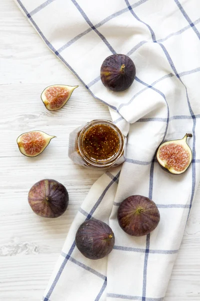 Fig Jam Glass Jar Fresh Figs White Wooden Table Overhead — Stock Photo, Image