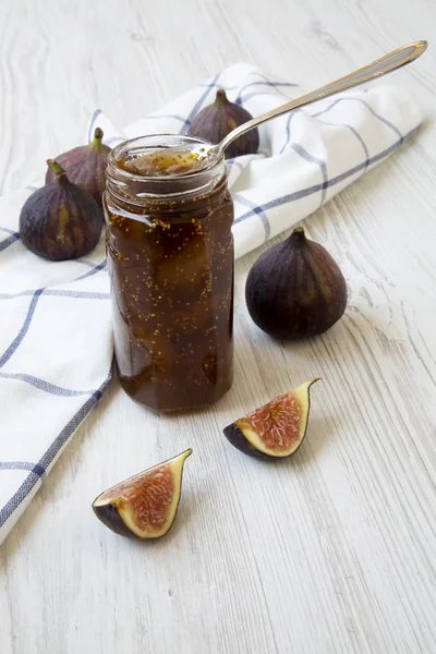 Fig Jam Glass Jar Fresh Figs White Wooden Background Side — Stock Photo, Image