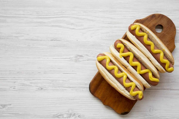 Hot Dog Yellow Mustard Wooden Board White Wooden Surface Top — Stock Photo, Image