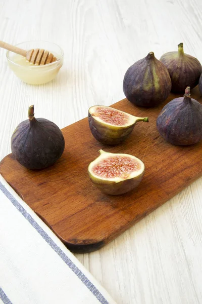 Fresh Figs Wooden Board Honey White Wooden Background Side View — Stock Photo, Image