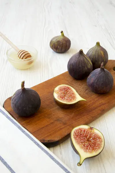 Fresh Figs Honey Side View White Wooden Table Close — Stock Photo, Image