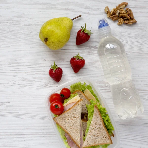 Healthy School Lunch Box Fresh Organic Vegetables Sandwiches Walnuts Bottle — Stock Photo, Image