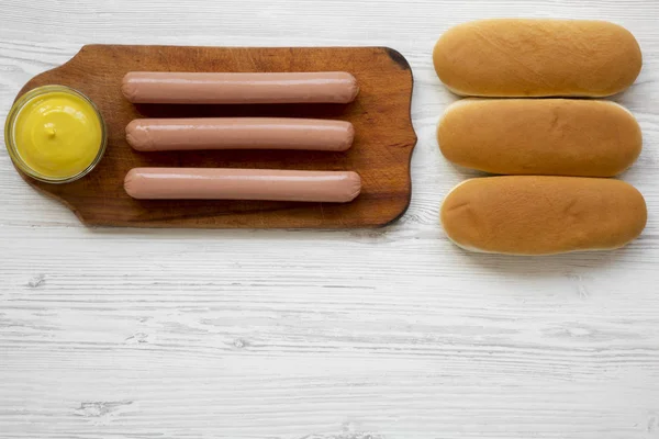 Ingredients Making Hotdogs Sausages Wooden Board Hot Dog Buns Mustard — Stock Photo, Image