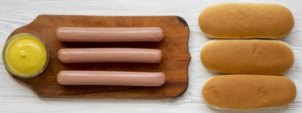 Ingredients Making Hotdogs Sausages Wooden Board Hot Dog Buns Mustard — Stock Photo, Image