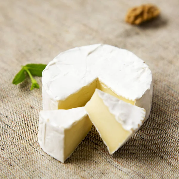 Sýr Hermelín Ořechy Plátno Closeup Produkce Mléka Boční Pohled — Stock fotografie