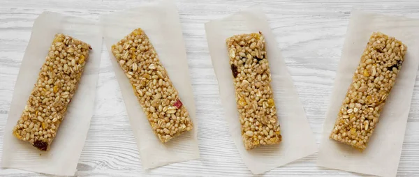 Granola Bars Baking Sheet White Wooden Surface Top View Close — Stock Photo, Image