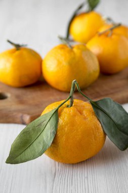 Beyaz ahşap yüzey, yan görünüm üzerinde taze olgun sulu mandalina. Seçici odak. Yakın çekim.