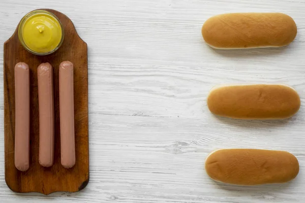 Ingredients Making Hotdogs Sausages Wooden Board Hot Dog Buns Mustard — Stock Photo, Image