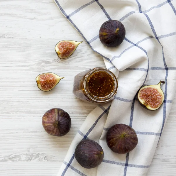 Glass Jar Fig Jam Fresh Figs White Wooden Background Overhead — Stock Photo, Image