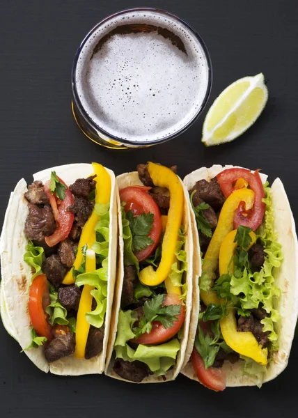 Corn Tortillas Beef Vegetables Beer Lime Black Background Top View — Stock Photo, Image