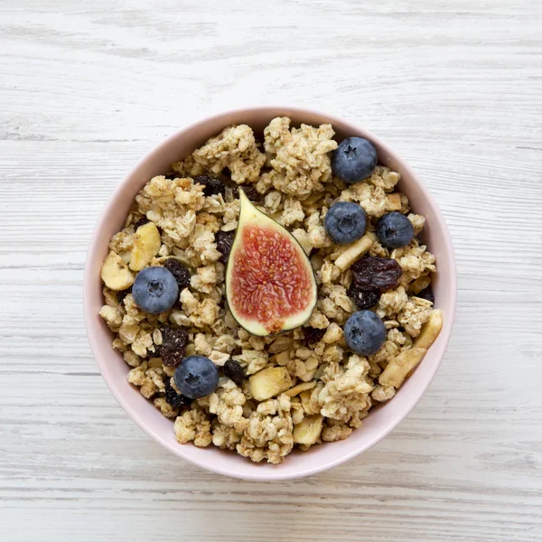 Granola Frutas Uma Mesa Madeira Branca Vista Superior Colocação Plana — Fotografia de Stock