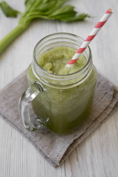 Green Celery Smoothie Glass Jar White Wooden Surface Low Angle — Stock Photo, Image