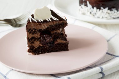 Ev yapımı çikolatalı kiraz kek pembe plaka, yan görünüm parçası. Portre.