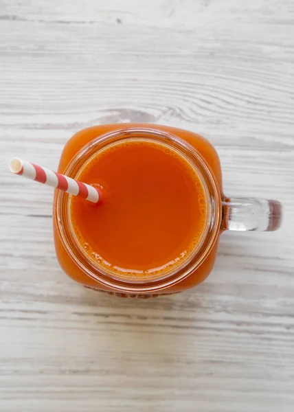 Fresh Carrot Juice Glass Jar White Wooden Table Top View — Stock Photo, Image