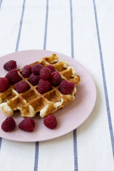 Waffle Tradicional Belgas Com Framboesas Placa Rosa Vista Lateral Close — Fotografia de Stock